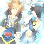  aqua_(kingdom_hearts) bad_id bad_pixiv_id banana_gyuunyuu bare_shoulders blue_eyes blue_hair brown_hair detached_sleeves fingerless_gloves gloves jewelry kingdom_hearts kingdom_hearts_birth_by_sleep necklace short_hair sora_(kingdom_hearts) 