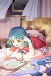  aqua_hair artist_request barefoot bed blanket bloomers blush book bow indoors leaning_forward lowres night night_sky on_bed open_mouth paper pillow quill seiza shirt short_hair sitting sky solo sweatdrop sword_girls underwear window yellow_eyes 