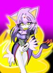  amber_eyes blaze_the_cat breasts cat cleavage clothed clothing feline female fire gloves gradient_background hair half-closed_eyes inamorato long_hair mammal purple purple_body purple_clothing purple_hair sega solo sonic_(series) tail 