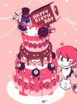  :q avery_(skullgirls) birthday blush_stickers bomb cake casual confetti eyes fighting food fork george_the_bomb gloves hammer happy_birthday heart mechanical_arms monochrome no_hat no_headwear pale_skin peacock_(skullgirls) pink pink_background red_hair shirt simple_background skullgirls smile spot_color t-shirt tongue tongue_out yojio_(2188) 
