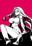  breasts fate/stay_night fate_(series) glasses ground_vehicle high_contrast highres ishida_akira large_breasts long_hair md5_mismatch monochrome motor_vehicle motorcycle pink_background rider simple_background solo spot_color very_long_hair 