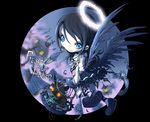  angel animal black_hair black_wings blue_eyes cage cat dark_angel dress feathers halo saliva teeth ume_(illegal_bible) wings yellow_eyes 