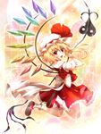  blonde_hair blush bow crystal fang flandre_scarlet from_behind hat highres jumping laevatein looking_back mary_janes mount_whip open_mouth red_eyes shoes socks solo touhou window wings 