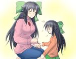  &gt;_&lt; ^_^ azumax black_hair blush child closed_eyes injury jewelry kokuu_haruto long_hair mature mother_and_daughter motherly multiple_girls necklace orange_shirt original reiuji_utsuho seiza shirt sitting skirt smile sweater tears touhou turtleneck 