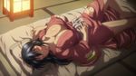  black_hair breasts cleavage eyes_closed futon large_breasts long_hair lying manyuu_chifusa manyuu_hikenchou on_back open_mouth oppai robe screen_capture sleeping 