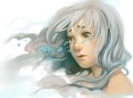  1girl artist_name bangs bare_shoulders blue_flower commentary_request deviantart_username flower green_eyes grey_hair lips long_hair nose original parted_lips portrait qinni simple_background solo tears traditional_media watercolor_(medium) watermark web_address white_background 