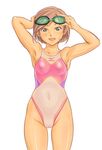 armpits bad_id bad_pixiv_id bob_cut brown_hair competition_swimsuit goggles goggles_on_head green_eyes mizuno navel one-piece_swimsuit open_mouth pussy see-through shoko_(moccom) short_hair simple_background smile solo standing swimsuit wet 