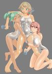  :o arena_(company) barefoot between_breasts between_thighs blush boob_chomp bottle breasts dark_skin eyes_closed feet green_eyes green_hair hand_on_shoulder hug kneeling large_breasts long_hair lotion mizugi one-piece_swimsuit open_mouth original pettanko pink_hair ponytail purple_eyes shoko_(moccom) short_hair tanlines tanned 