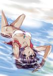  armpits arms_up beach blue_eyes bob_cut bottomless dark_skin fushigi_no_umi_no_nadia jewelry lying nadia ocean ono_kenuji pendant purple_hair short_hair solo strapless tubetop upside-down vest 