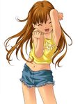  :d brown_hair clavicle eyes_closed loli long_hair midriff navel open_mouth raised_arm shorts smile source_request tank_top waki 