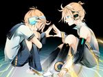  arm_warmers blonde_hair circuit_board closed_eyes detached_sleeves dual_persona headphones kagamine_len kagamine_len_(append) leg_hug leg_warmers maclo male_focus multiple_boys shorts vocaloid vocaloid_append 