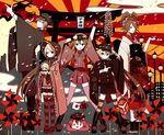  3girls 4girls 50yen :o arm_up bonnet boots brown_hair brown_legwear cross-laced_footwear eyepatch floral_print frilled_kimono frills from_side full_body geta gloves hair_ornament hair_stick hat hatsune_miku japanese_clothes japanese_flag kagamine_len kagamine_rin kaito kimono kiseru koma-geta lace-up_boots lamppost legs_apart lolita_fashion long_hair long_sleeves looking_at_viewer megurine_luka meiko multiple_boys multiple_girls obi oiran patriotism peaked_cap petals pink_legwear pinwheel pipe pleated_skirt salute sandals sash senbon-zakura_(vocaloid) short_hair shorts skirt smile standing striped striped_legwear takoluka thighhighs torii twintails very_long_hair vocaloid wa_lolita white_gloves wide_sleeves zettai_ryouiki 