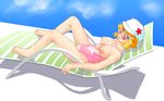  :3 areolae bad_id bad_pixiv_id barefoot between_breasts blonde_hair blue_eyes breasts breasts_outside chair competition_swimsuit copyright_request directional_arrow hat highres large_breasts looking_at_viewer lounge_chair lying nipples one-piece_swimsuit open_mouth puffy_nipples shiny shiny_skin shoko_(moccom) short_hair smile solo sunglasses swimsuit 