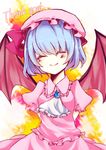  ^_^ absurdres arms_behind_back bad_id bad_pixiv_id bat_wings blue_hair blush closed_eyes hat highres mirimo remilia_scarlet smile solo thank_you touhou wings 