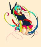  4_(nakajima4423) animal_ears bad_id bad_pixiv_id bunny_ears full_body hatsune_miku headphones hood hoodie jumping long_hair multicolored multicolored_eyes multicolored_hair rainbow_hair shoes simple_background skirt sneakers socks solo twintails very_long_hair vocaloid 