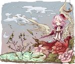  angel_wings blush cape cloud flower hair_flower hair_ornament hands_clasped hat highres original own_hands_together pink_flower pink_hair pink_rose pond red_flower red_rose ribbon rose shirt skirt sky smile solo wings wrist_ribbon yuya_(night_lily) 