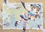  bird blush boots brown_hair female flying gloves green_eyes hat long_hair shorts thighhighs tiru wings winter 