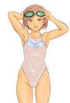  areolae armpits bad_id bad_pixiv_id bob_cut brown_hair competition_swimsuit ellesse goggles goggles_on_head green_eyes navel one-piece_swimsuit open_mouth pussy see-through shoko_(moccom) short_hair simple_background smile solo standing swimsuit wet 