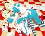  al_(arupaka) alice_(wonderland) alice_in_wonderland apron aqua_dress aqua_eyes aqua_nails blonde_hair blood bloody_knife book card checkered checkered_floor cup dress frills gathers girl_on_top hairband knife long_hair lying lying_card multiple_girls nail_polish on_back on_floor open_book pantyhose playing_card pocket_watch short_hair striped striped_legwear teacup vertical-striped_legwear vertical_stripes watch weapon 