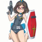  1girl blue_swimsuit blush brown_eyes brown_hair glasses gun gundam gundam_build_fighters hairband handgun kousaka_china looking_at_viewer name_tag one-piece_swimsuit pistol school_swimsuit shield short_hair smile solo swimsuit t_jiroo_(ringofriend) weapon 