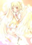  absurdres alternate_color alternate_element alternate_eye_color alternate_hair_color angel_wings bad_id bad_pixiv_id blonde_hair blush bow cirno feathers glowing glowing_wings hair_bow hands_clasped highres open_mouth own_hands_together sakuraba_hikaru_(loveindog) short_hair skirt solo touhou wings yellow_eyes yellow_skirt 