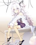  ahoge bare_shoulders bloomers cable electric_plug flip-flops frills glasses highres juke long_hair midriff one_side_up original plug sandals silver_eyes silver_hair sitting sitting_on_object solo table thighhighs underwear wire 