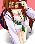  all_fours ben-tou blurry breasts brown_hair chapatsu_(ben-tou) cleavage covered_nipples covering_eyes covering_face depth_of_field food large_breasts lips long_hair mouth_hold pocky school_uniform serafuku shiroi_neko_(okenoris) skirt smile socks solo 