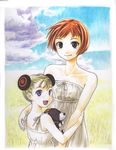  alvis_hamilton back bad_id bad_pixiv_id bare_shoulders blonde_hair blue_eyes bob_cut brown_eyes child cloud colored_pencil_(medium) day dress field goat last_exile lavie_head looking_back mamoru_mikokoro marker_(medium) multiple_girls red_hair short_hair sky smile stuffed_animal stuffed_goat stuffed_toy traditional_media wheat wind 