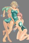  :o arena_(company) barefoot between_breasts between_thighs blue_eyes blush boob_chomp bottle breasts dark_skin eyes_closed feet green_eyes green_hair hand_on_shoulder hug kneeling large_breasts long_hair mizugi one-piece_swimsuit open_mouth original pettanko pink_hair ponytail shoko_(moccom) short_hair tanlines tanned 