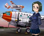  aircraft airplane c-46_commando glasses hair_ornament hairclip impossible_clothes japan_air_self-defense_force japan_self-defense_force military military_uniform necktie skirt smile solo sweater thighhighs uniform yokoyama_kouichi zettai_ryouiki 