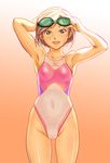 armpits bad_id bad_pixiv_id bob_cut brown_hair competition_swimsuit goggles goggles_on_head green_eyes mizuno navel one-piece_swimsuit open_mouth pussy see-through shoko_(moccom) short_hair smile solo standing swimsuit wet 
