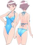  back bikini blush brown_eyes brown_hair cleavage hand_on_hip mizugi monokini nishieda one-piece_swimsuit oppai oshiri short_hair tagme 