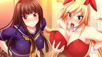  2girls angry animal_ears bare_shoulders black_hair blonde blue_eyes blush breast_hold breasts cleavage costume earrings hands_on_hips huge_breasts jewelry kemonomimi oppai red_eyes self_fondle smile usamimi 