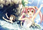  2girls 5_nenme_no_houkago :d absurdres arm_up bare_shoulders black_hair blue_eyes blush brown_eyes casual_one-piece_swimsuit clavicle cloud emanuela_porelora hair_bobbles hair_ornament hentai_ouji_to_warawanai_neko high_res kantoku long_hair mizugi multiple_girls one-piece_swimsuit open_mouth pettanko pink_hair side_ponytail sky smile sunbeam sunlight swimming tsutsukakushi_tsukiko twin_tails wading waki water white_swimsuit 