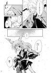  1girl alternate_costume beard comic facial_hair gourd greyscale highres horns ibuki_suika japanese_clothes konpaku_youki long_hair monochrome mustache suichuu_hanabi torn_clothes touhou translated 