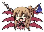  bat_wings blush bow brown_hair chibi dress eyes_closed fang hair_bobbles horns ibuki_suika long_hair masiroke open_mouth ribbon side_ponytail smile touhou wings 