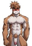  2019 abs anthro blush braided_hair cartuja_tuharta clenched_fists digital_media_(artwork) embarrassed epic7 facial_scar hair hi_res humanoid_penis kumak71395 looking_at_viewer male muscular nipples nude pecs penis pubes red_eyes scar simple_background solo standing white_background 