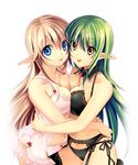  blue_eyes blush bra camisole elf garter_belt green_hair hugging pantsu pointed_ears reak tagme takto tongue_out transparent_png yuri 