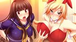  2girls angry animal_ears bare_shoulders black_hair blonde blue_eyes blush breast_hold breasts cleavage costume earrings hands_on_hips huge_breasts jewelry kemonomimi oppai red_eyes smile usamimi 