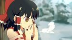  black_hair blouse bow breath brown_eyes detached_sleeves hair_bow hair_ribbon hakurei_reimu kitano_yuusuke miko necktie open_mouth ribbon sleeveless sleeveless_blouse sleeveless_shirt snow touhou winter 