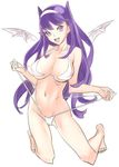  barefoot bat_wings bikini bikini_pull breasts cleavage demon_girl fang feet hair_horns hairband horns kneeling large_breasts long_hair mizugi navel nishieda open_mouth oppai purple_eyes purple_hair succubus wings 