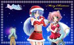  :d akiyama_nozomi animal_costume bare_shoulders belt blue_hair blush breasts christmas elbow_gloves fishnets garter_straps gloves green_eyes hand_on_hip kawamura_yuu kemonomimi large_breasts long_hair one_leg_up oppai pink_hair purple_eyes sack santa_costume santa_hat se.kirara shitapai shizuno_izumi short_hair smile thighhighs 