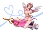  1girl aerith_gainsborough alternate_costume breasts brown_hair buttons closed_mouth dress final_fantasy final_fantasy_vii full_body green_eyes hair_intakes hands_up hat heart heart_hands heart_of_string long_hair medium_breasts nurse nurse_cap oversized_object pink_dress pink_footwear pink_hat puffy_short_sleeves puffy_sleeves sasanomesi short_dress short_sleeves smile solo syringe thighhighs white_background white_legwear white_wings wings 