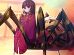  arachne black_hair game_cg kimono long_hair monster_girl princess_x purple_skin red_eyes ribbon solo spider_girl spider_web tegusu_gozen wafuku 