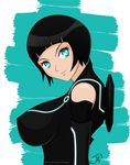  bad_anatomy black_hair blue_eyes bodysuit breasts disc everaldo everaldo_pereira girl huge_breasts neon oppai quorra short_hair sideboob smile solo tagme tron_legacy 