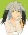  1girl alternate_costume ancolatte_(onikuanco) blonde_hair blue_eyes breasts cleavage commentary_request contemporary eyebrows_visible_through_hair green_eyes grey_hair hair_tie heart holding_head kemono_friends long_sleeves multicolored_hair shoebill_(kemono_friends) short_hair smile solo sweater upper_body 