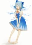  1girl bare_legs blue_bow blue_dress blue_eyes blue_hair blush bow cirno collared_shirt dress dress_tug frilled_dress frills full_body hair_between_eyes hair_bow highres ice ice_wings kagari_(kgr_000) leaning_to_the_side looking_to_the_side neck_ribbon open_mouth puffy_short_sleeves puffy_sleeves red_ribbon ribbon shiny shiny_hair shirt short_hair short_sleeves sidelocks simple_background solo standing standing_on_one_leg touhou white_background white_shirt wing_collar wings 