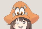  1girl brown_eyes brown_hair cappy_(mario) eyebrows_visible_through_hair facial_hair guilty_gear hair_between_eyes hat kuutochi looking_down looking_up mario_(series) may_(guilty_gear) mustache nervous nintendo open_mouth orange_hat pirate pirate_hat short_hair simple_background skull_and_crossbones super_mario_odyssey sweat sweatdrop 