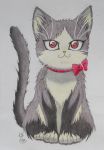  :3 absurdres bow cat cat_focus doukyonin_wa_hiza_tokidoki_atama_no_ue. haru_(doukyonin_wa_hiza_tokidoki_atama_no_ue.) heart highres looking_at_viewer no_humans open_mouth red_bow scan simple_background traditional_media white_background 