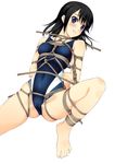  arms_behind_back bare_legs barefoot bdsm black_hair blue_eyes blush bondage cameltoe clenched_teeth competition_swimsuit erect_nipples feet fism high_res mizugi murakami_suigun navel on_back one-piece_swimsuit oppai original restrained shibari simple_background solo spread_legs tears 